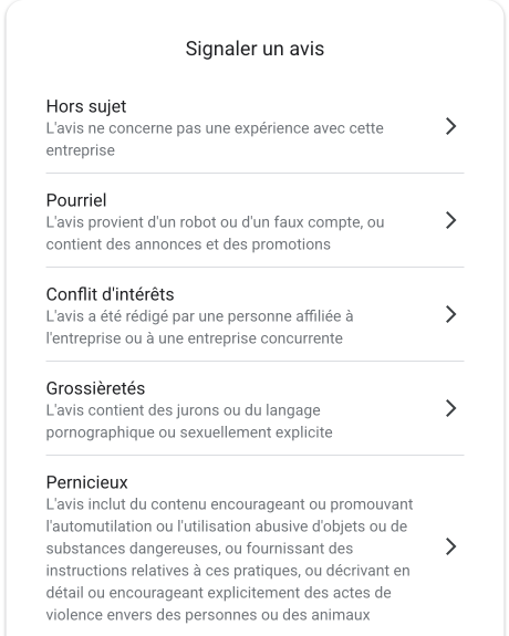 La liste des motifs de signalement de Google