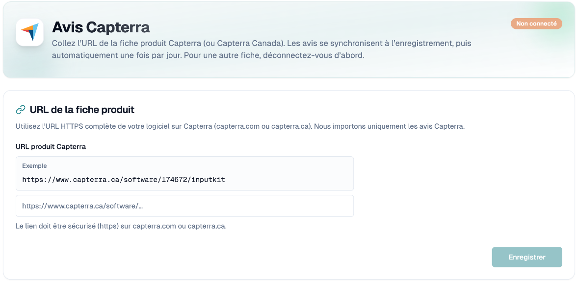 Champ URL de la fiche produit Capterra