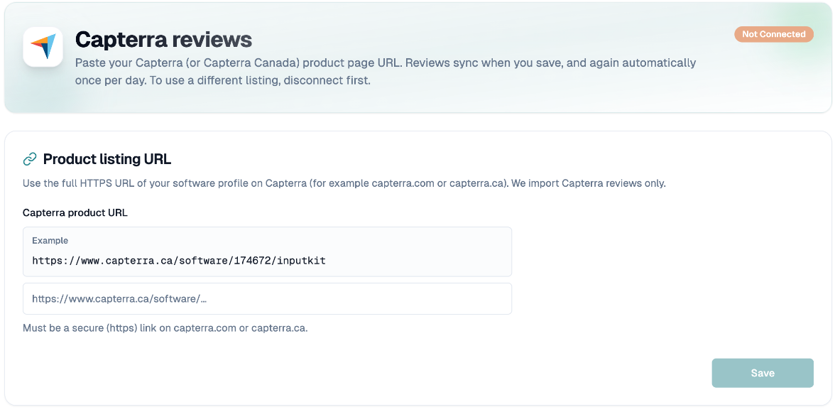 Capterra product listing URL field