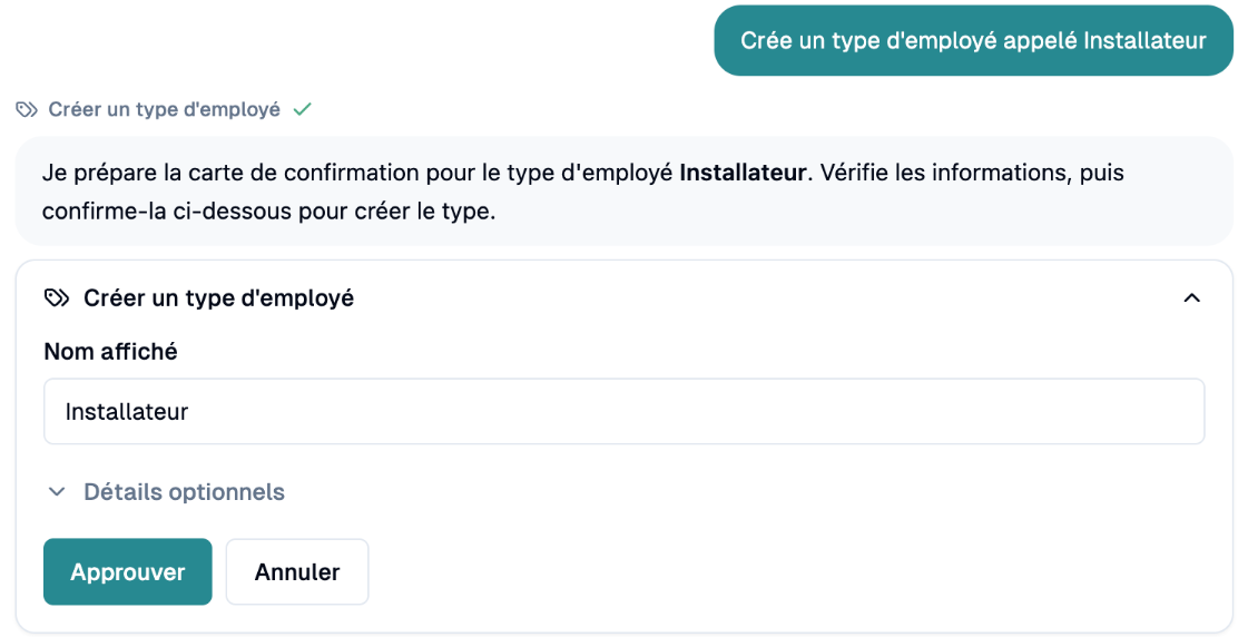 Fiche de confirmation avec Approuver et Annuler