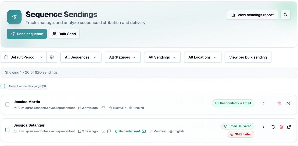 Sendings page with the Send sequence button