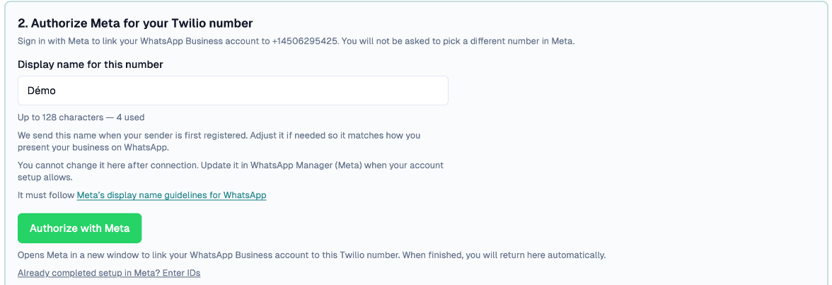 Authorize Meta step with the display name