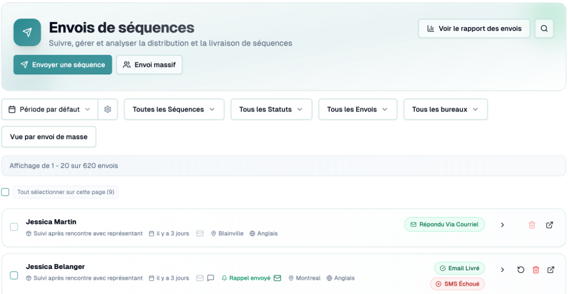 Page Envois avec le bouton Envoyer une séquence