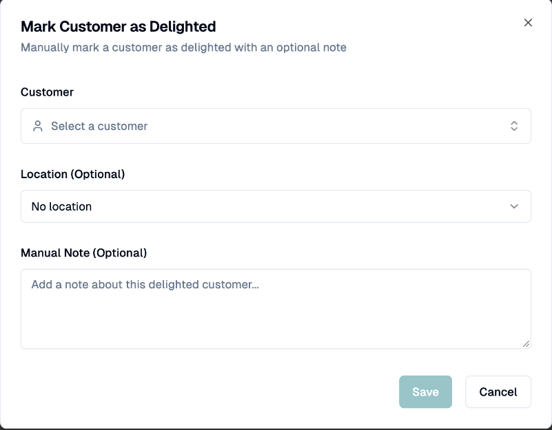 Mark Customer as Delighted dialog