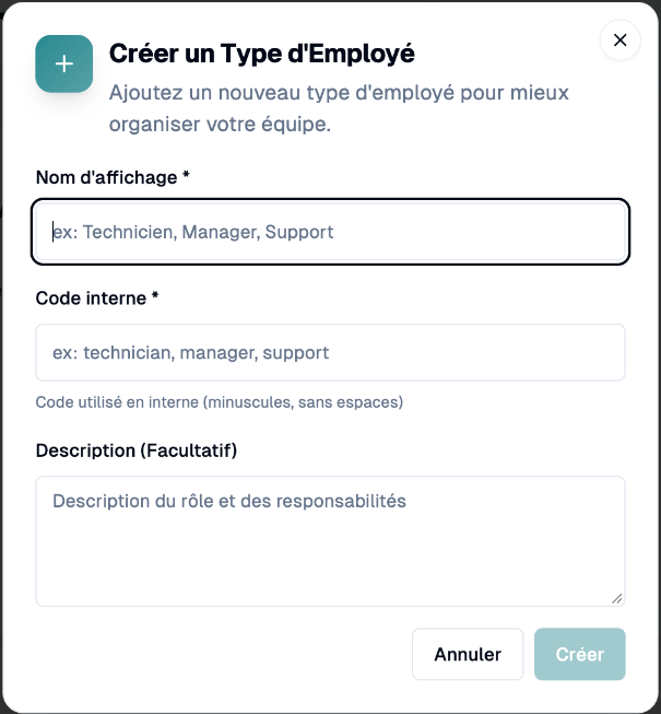 Boîte de dialogue Créer un type d'employé