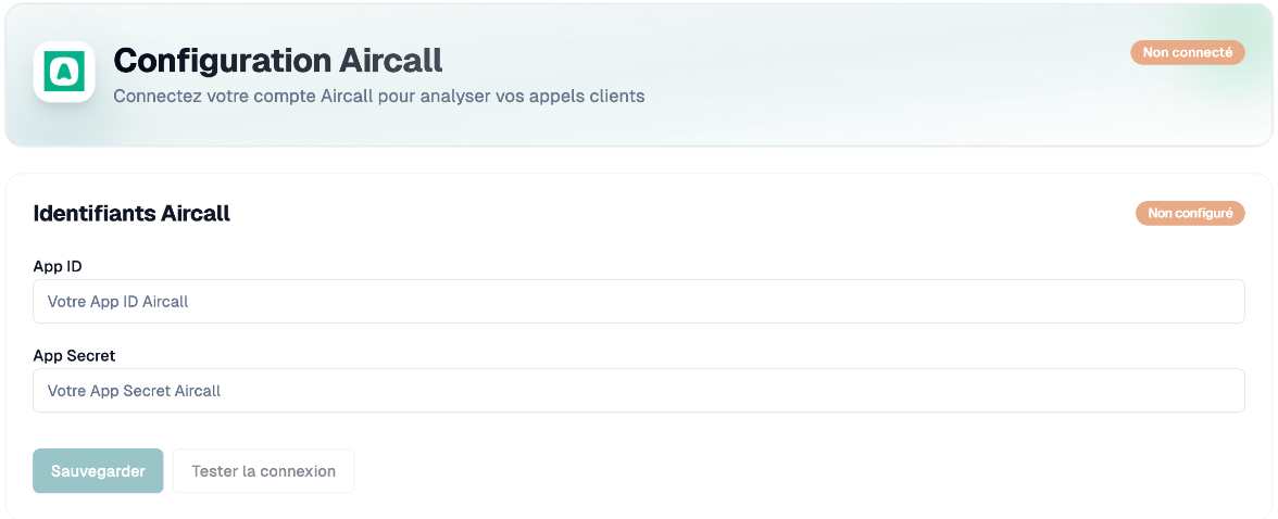 Formulaire d'identifiants Aircall