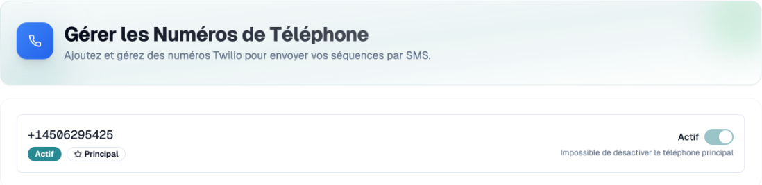 Fiche du numéro de téléphone avec les badges Actif et Principal