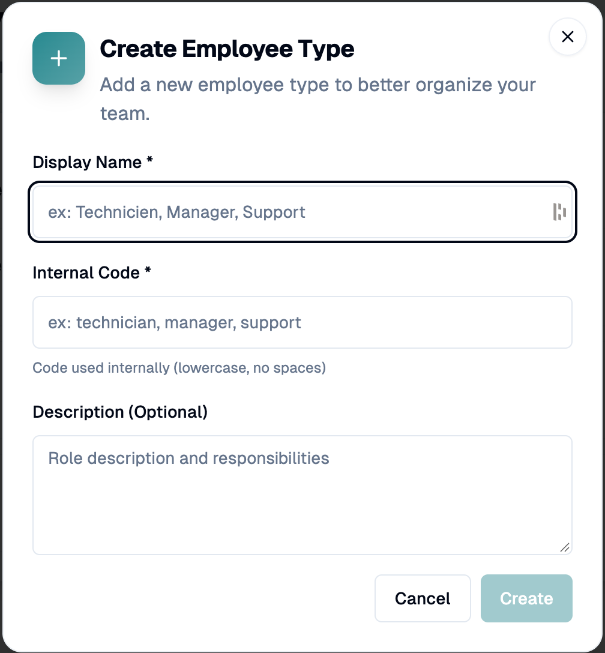 Create Employee Type dialog