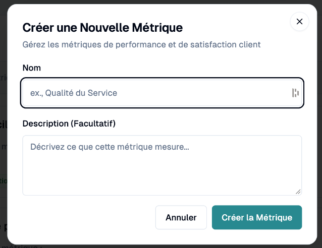 Boîte de dialogue Créer une nouvelle métrique