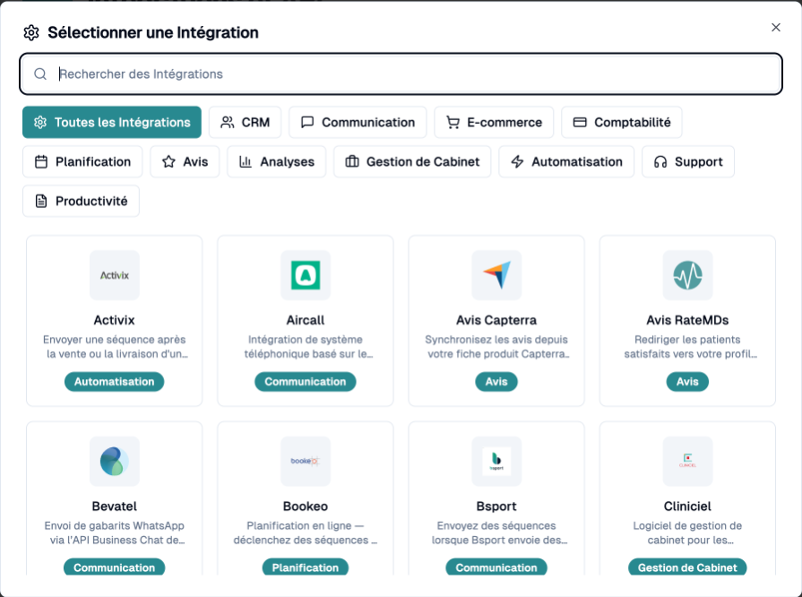 Fenêtre Sélectionner une intégration