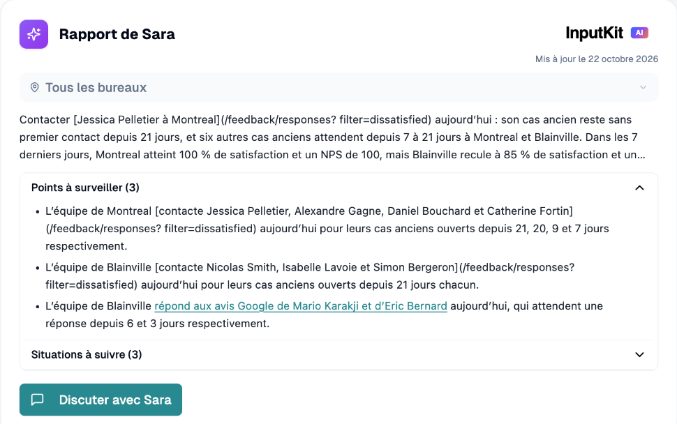 Rapport de Sara avec les points à surveiller ouverts