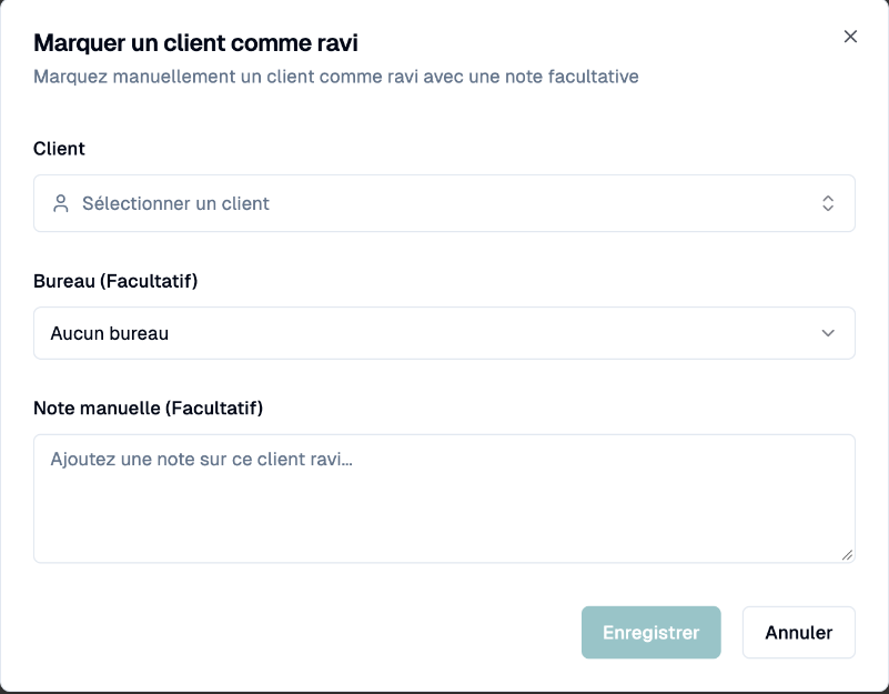 Boîte de dialogue Marquer un client comme ravi