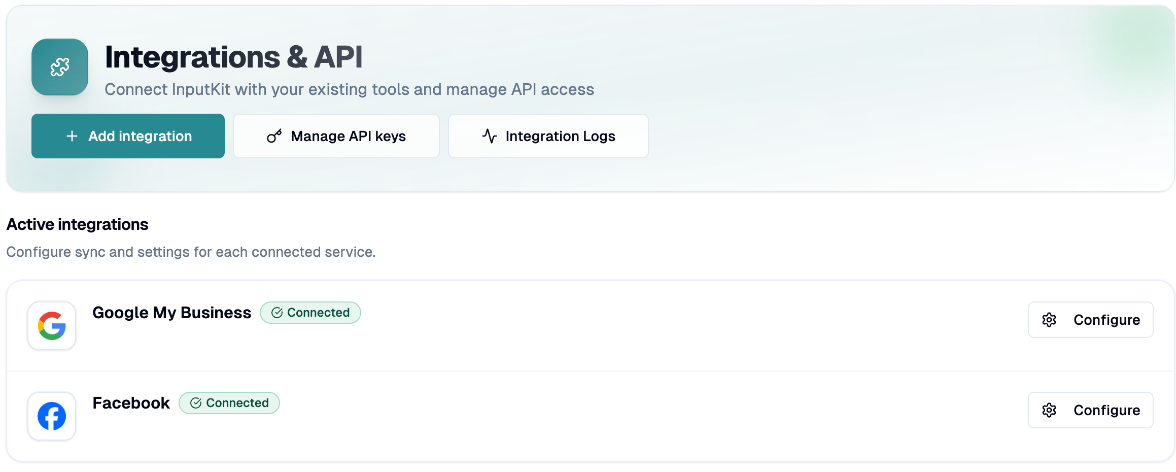 Integrations & API page with active integrations