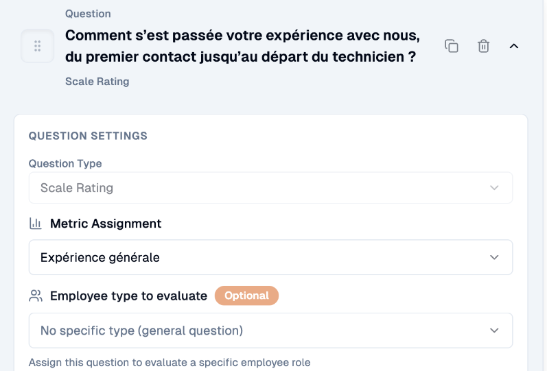 Metric Assignment in a question's settings
