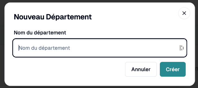 Boîte de dialogue Nouveau département