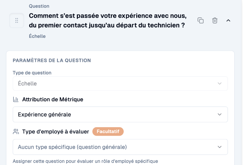 Attribution de métrique dans les paramètres d'une question