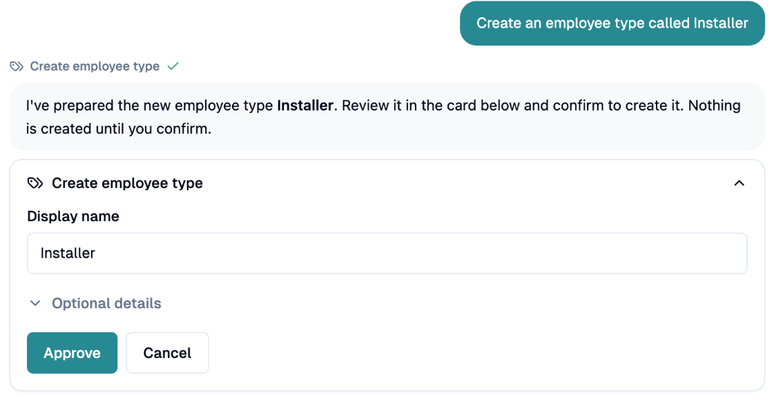 Confirmation card with Approve and Cancel