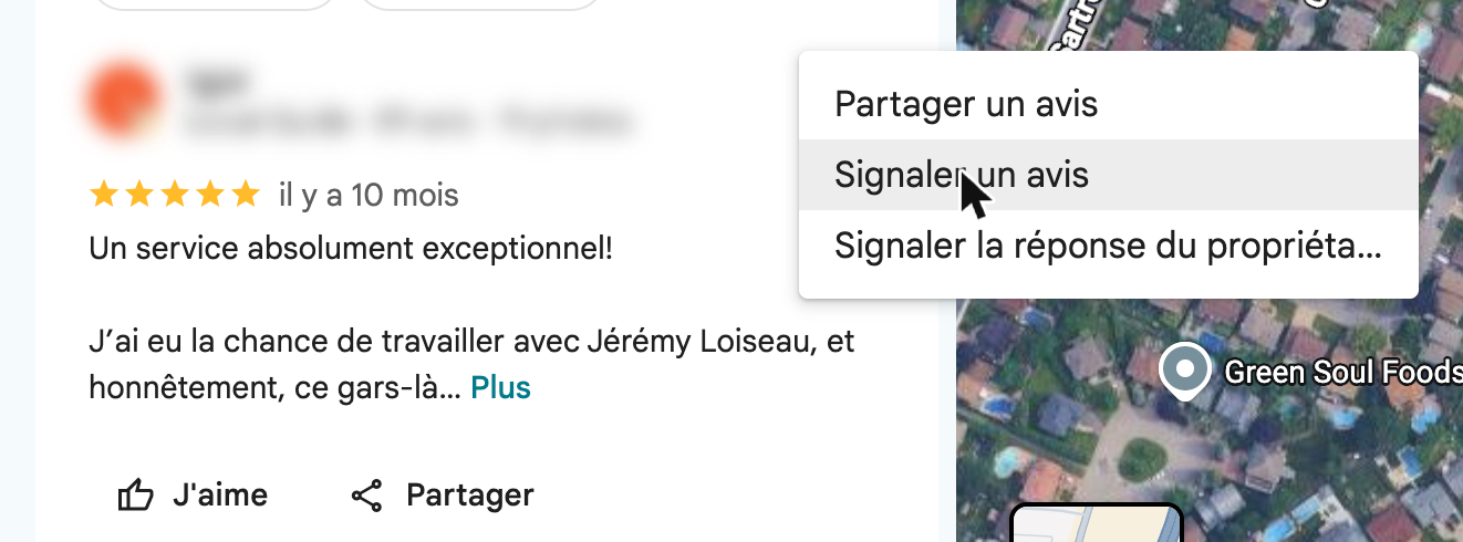Le menu ⋮ d'un avis dans Google Maps, avec Signaler un avis