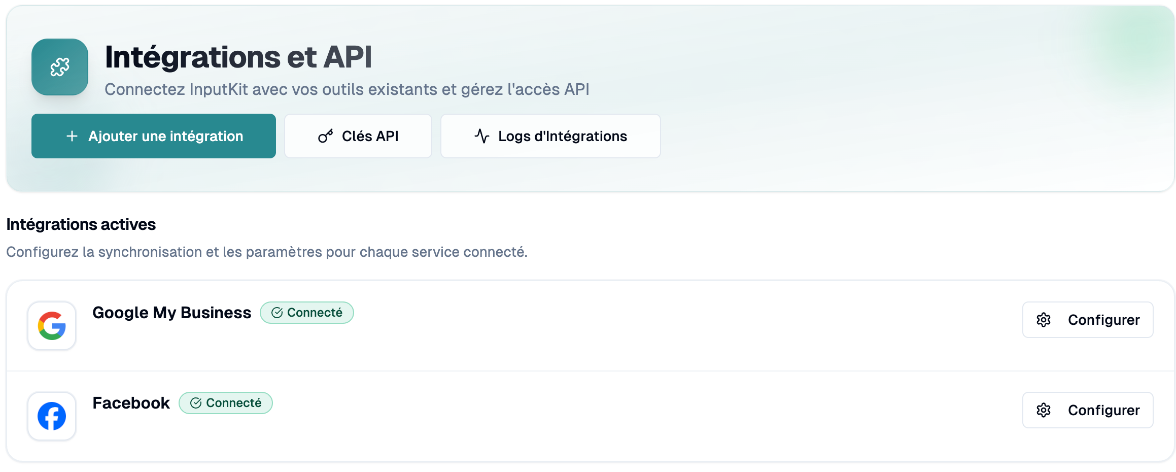 Page Intégrations et API avec les intégrations actives