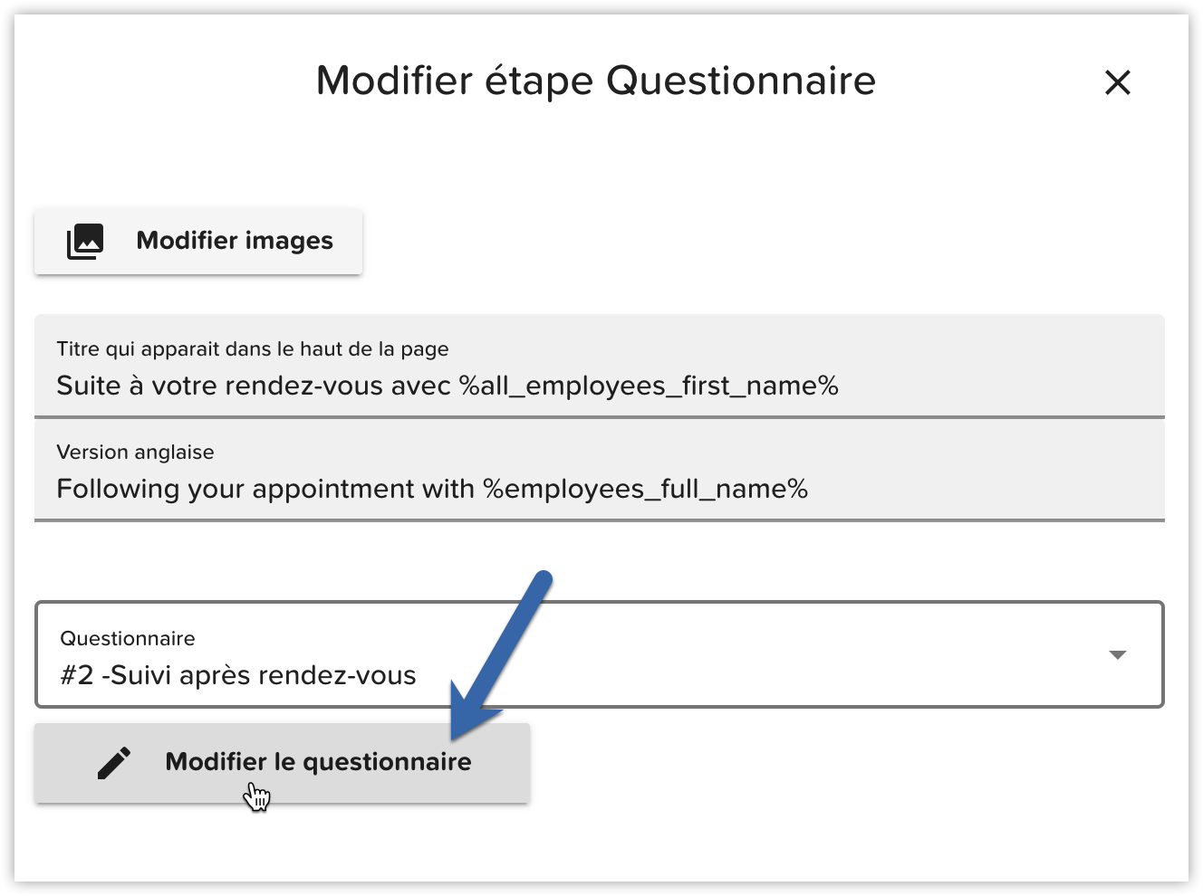 Modifier étape questionnaire