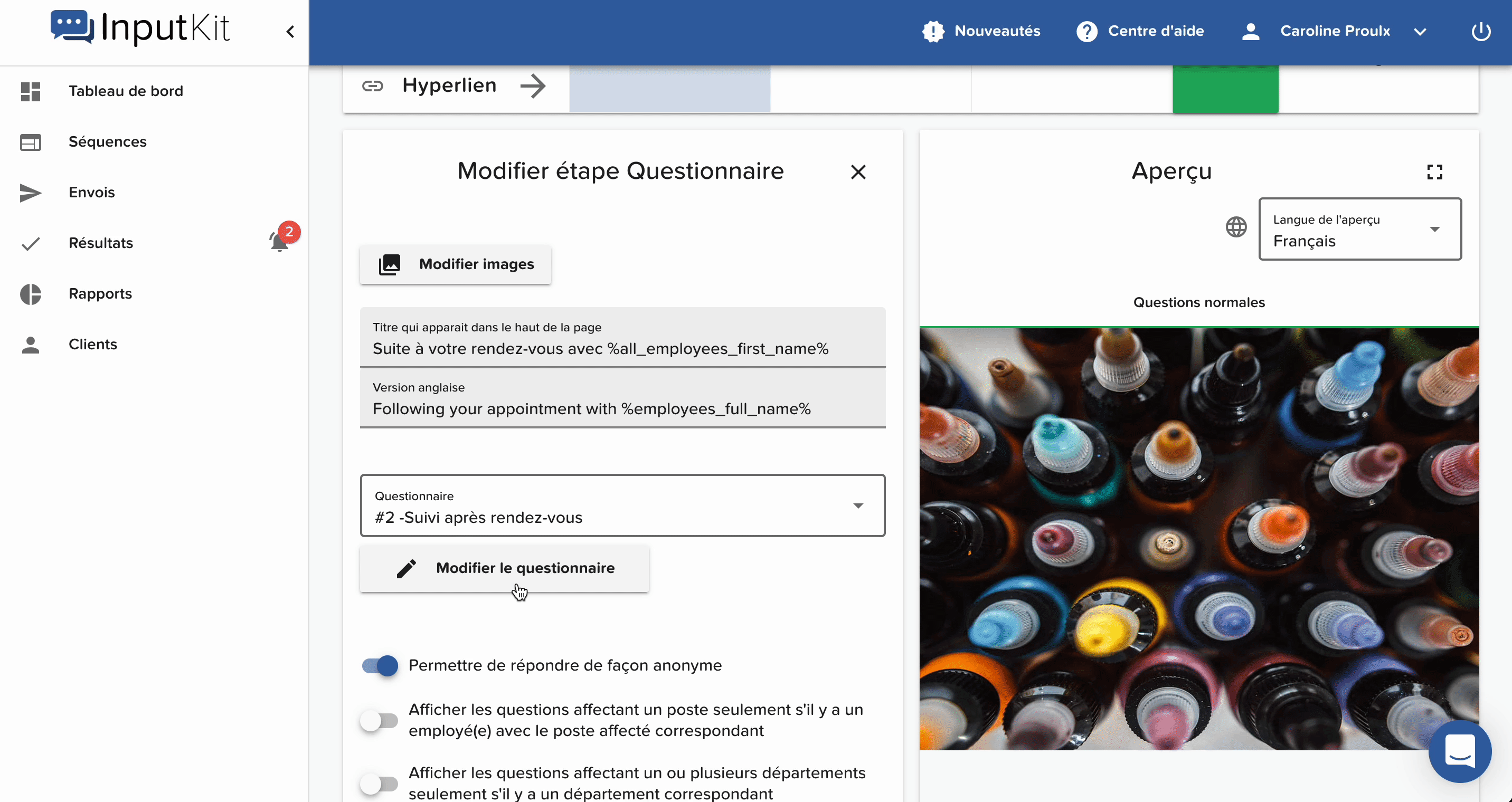 Accès rapide pour modifier questionnaire