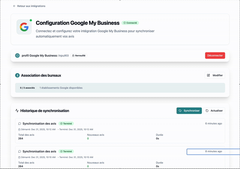 Dans la section Association des bureaux, cliquez sur le bouton Modifier. Vous pourrez alors sélectionner l'établissement Google correspondant à chaque bureau InputKit.