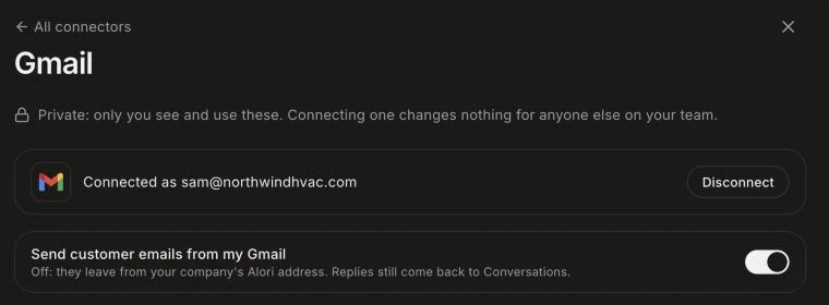 The Gmail page with the sending switch