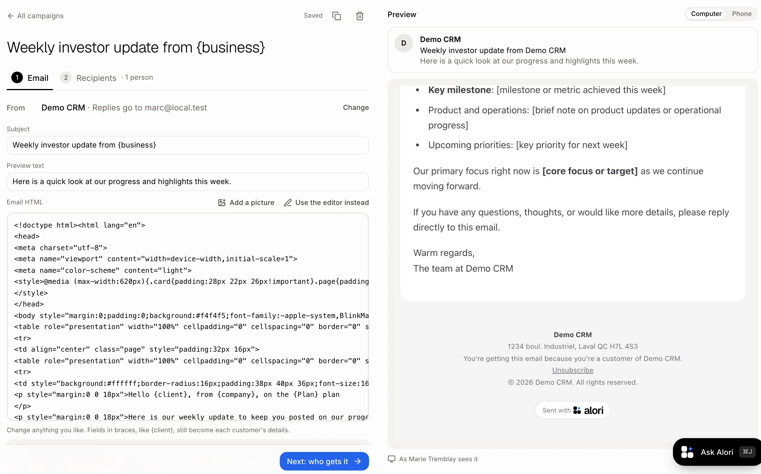 The HTML email in the preview, with Alori's footer at the bottom