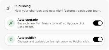 Settings, with Auto upgrade and Auto publish turned on under Publishing