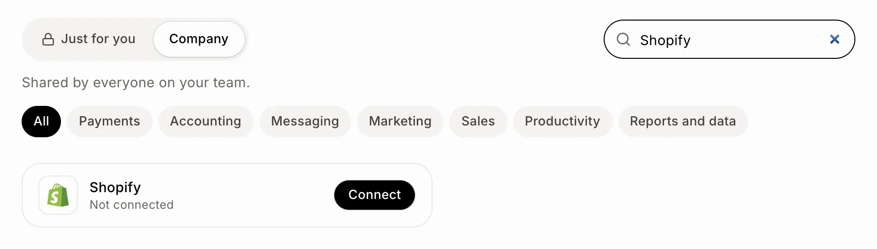 The Shopify card on Connectors, under Company