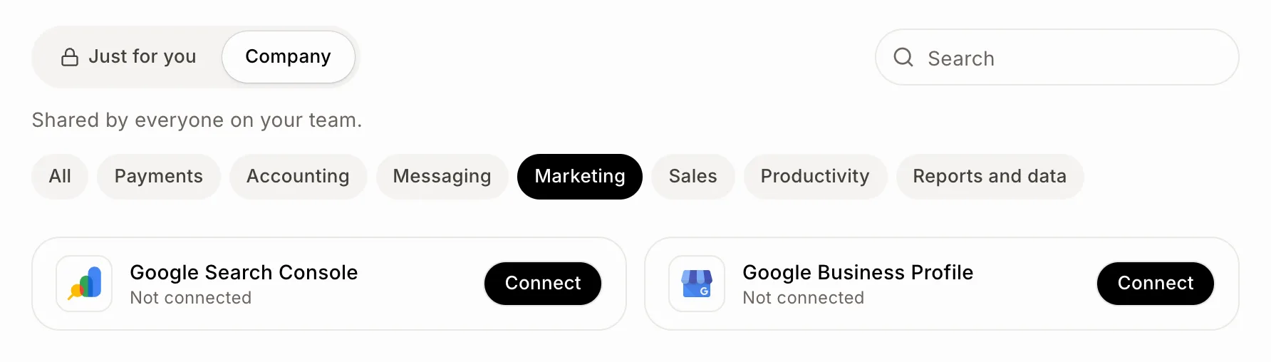 La carte Google Business Profile dans Connecteurs, sous Entreprise › Marketing