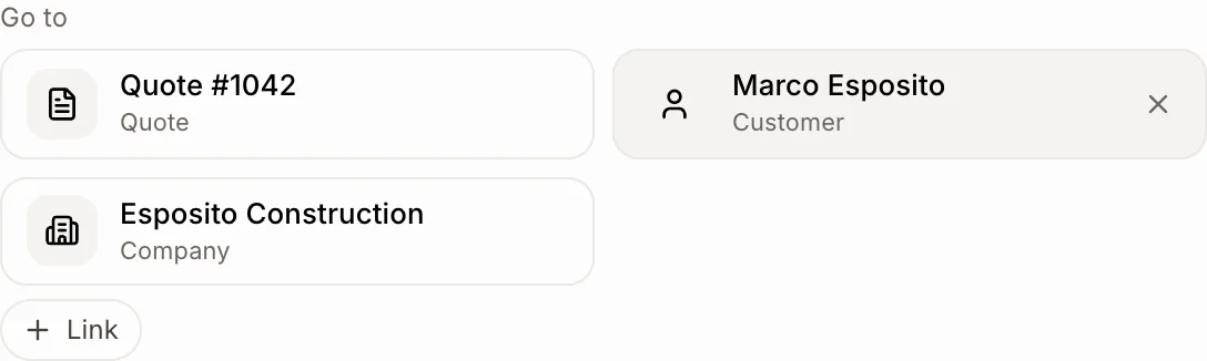The Go to buttons for a quote, a customer and a company, with Link under them