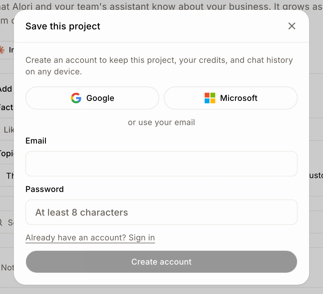 The Save this project window with Google, Microsoft, email and password