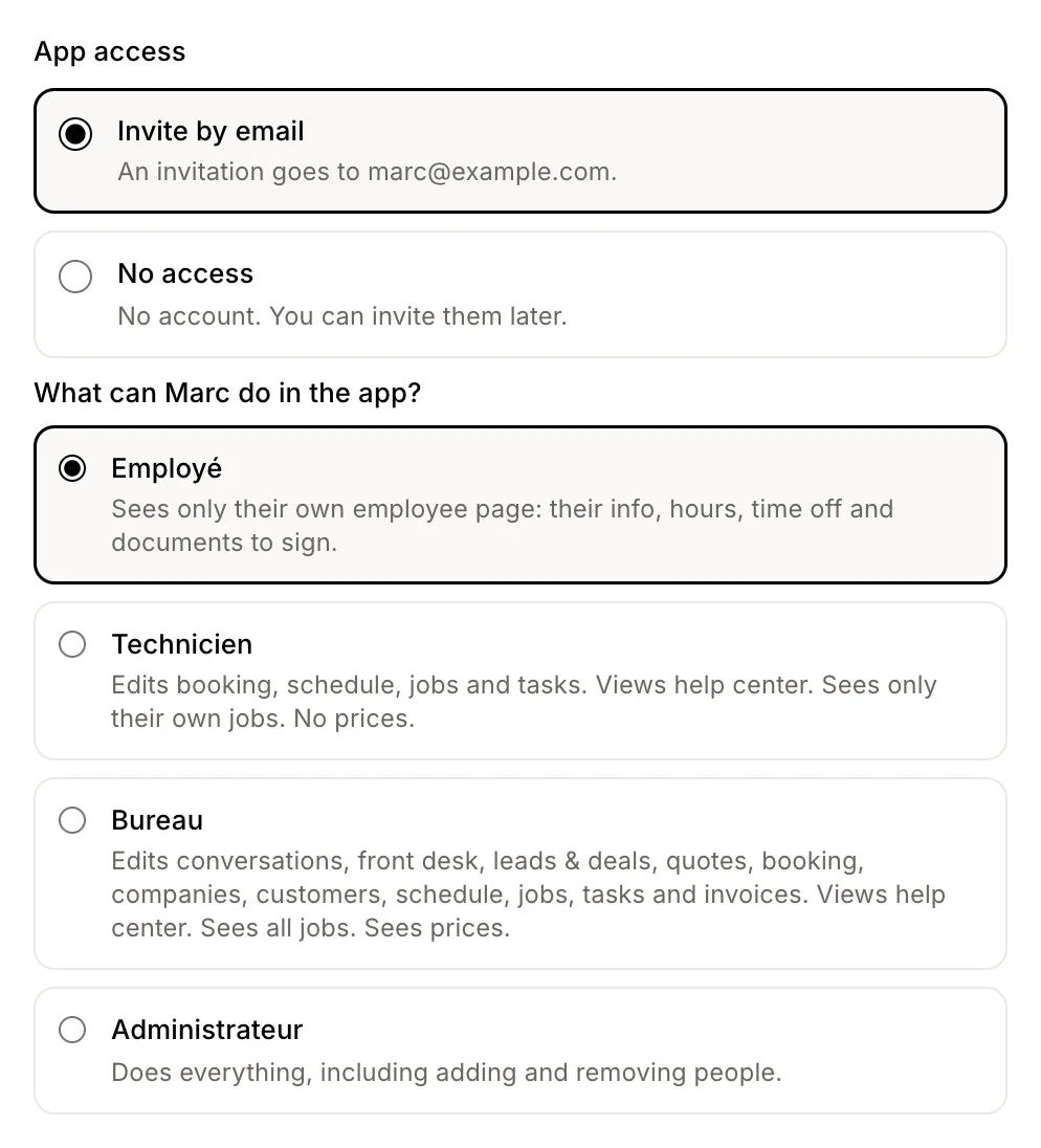 Invite by email, with the Employee role picked for you