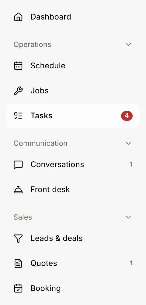 The menu with Operations first and Email hidden