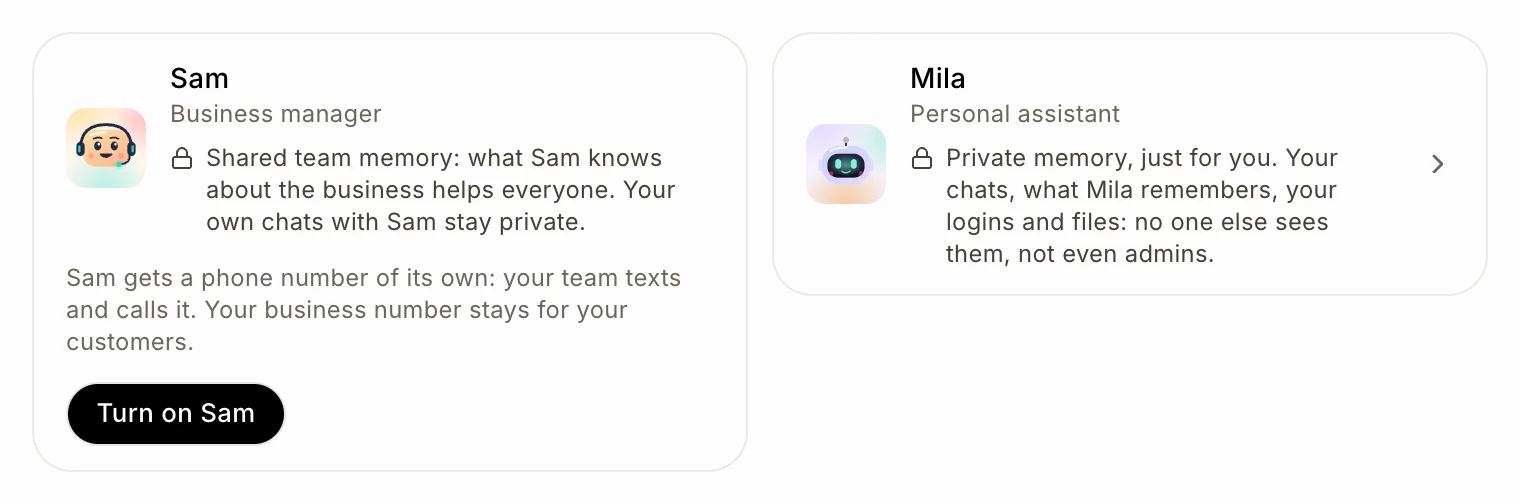 Sam's card with the Turn on Sam button