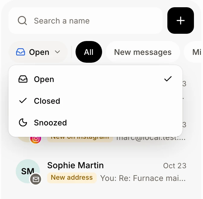 The Open menu with Open, Closed and Snoozed, above the list