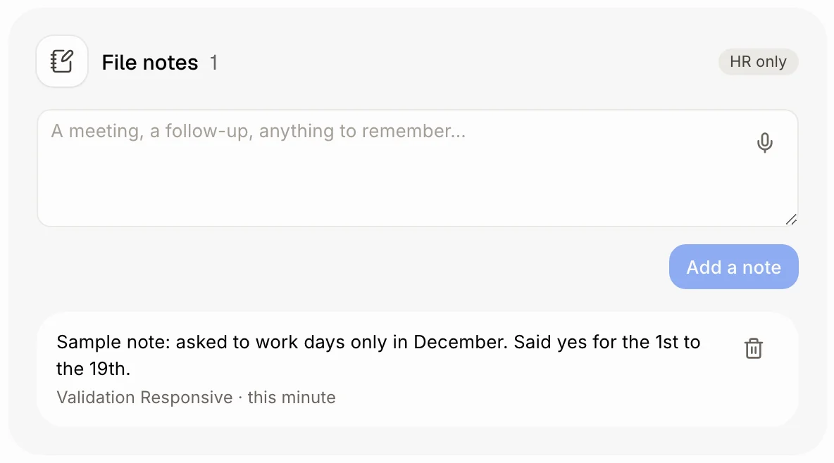 File notes on an employee's file, with one note