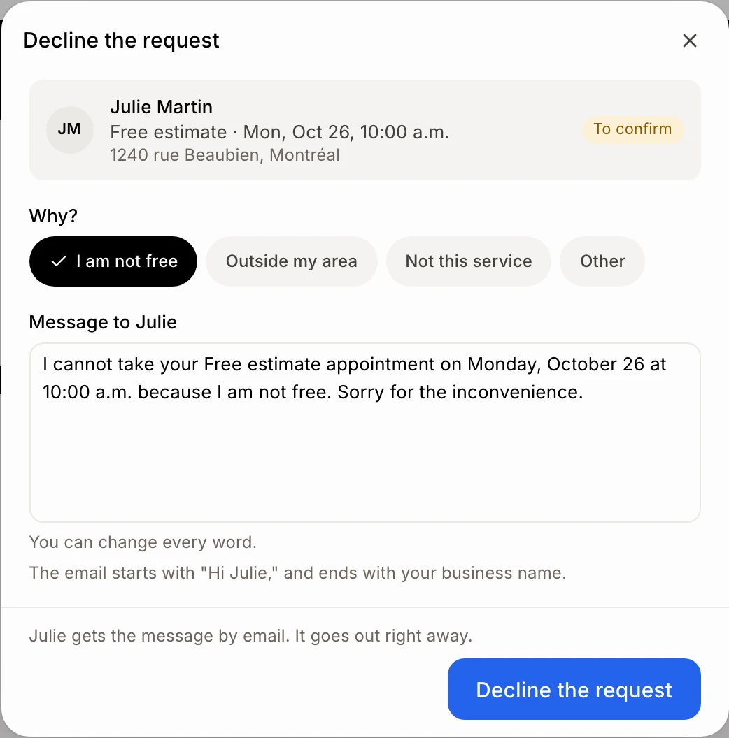 The Decline the request window