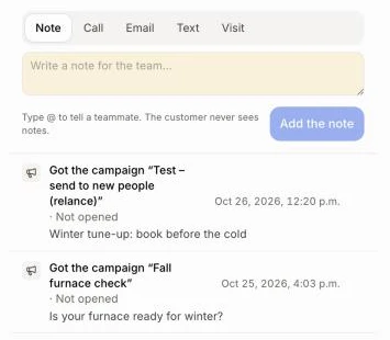 Two campaigns in a customer's history, each with its subject and whether it was opened