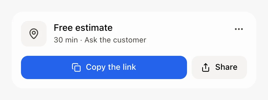 An appointment card with Copy the link and Share