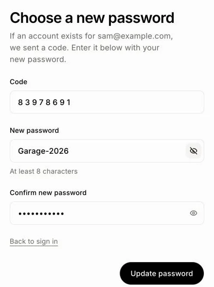 The Choose a new password form with the code filled in and the new password shown with the eye