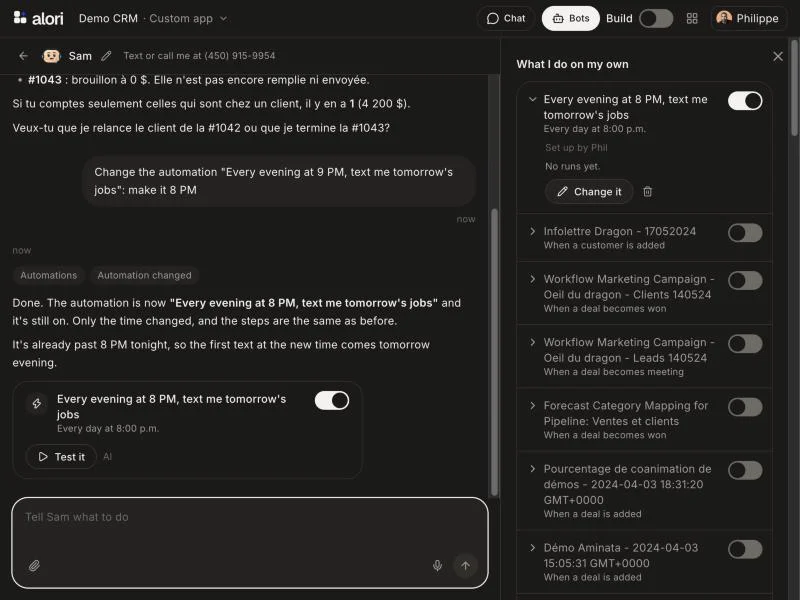 The bot's reply with the changed automation