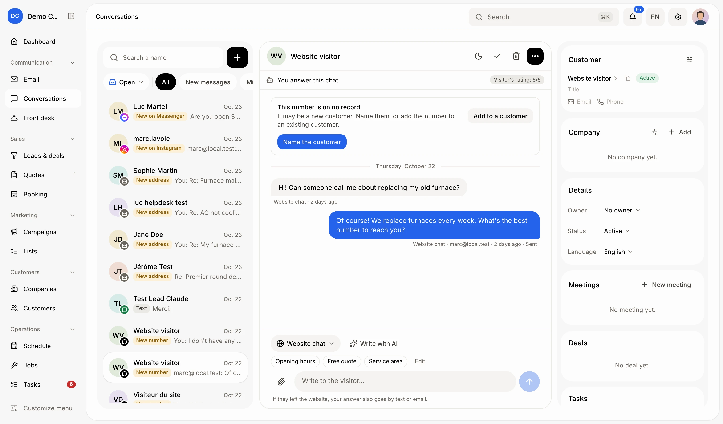 A website chat open in Conversations, with the paperclip beside the reply box
