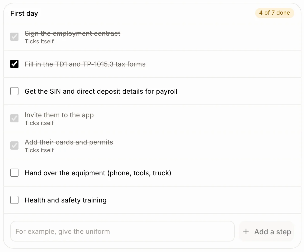The First day list on an employee's file