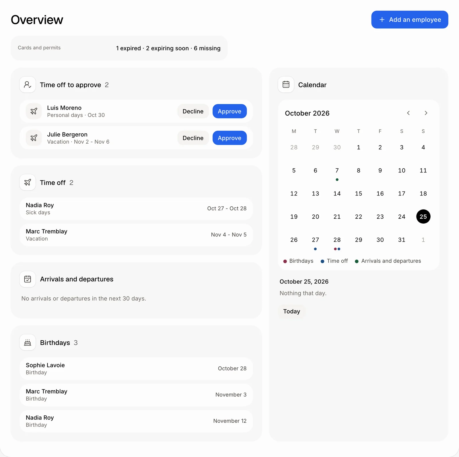 The Employees Overview: time off to approve, the next 30 days and the calendar