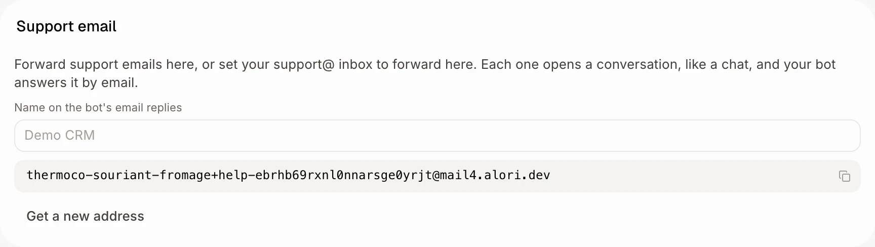 The Support email card with the address to copy