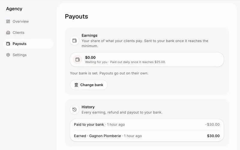 Versements, où vous ajoutez votre compte bancaire