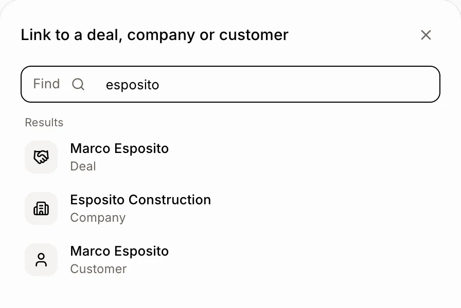 Link to a deal, company or customer, with Esposito typed