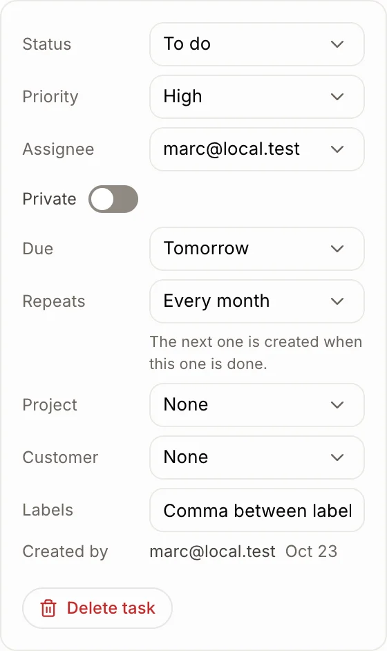 The Repeats field in the task panel